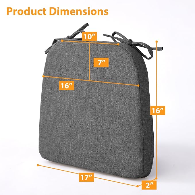 Ruqmuis Chair Cushions for Dining Chairs, 2" Thick Seat Cushions for Kitchen Chairs, D-Shaped Chair Pads with Washable Cover, Ties and Non Slip Backing, 17'' x 16'', Set of 6, Dark Grey - Image 2