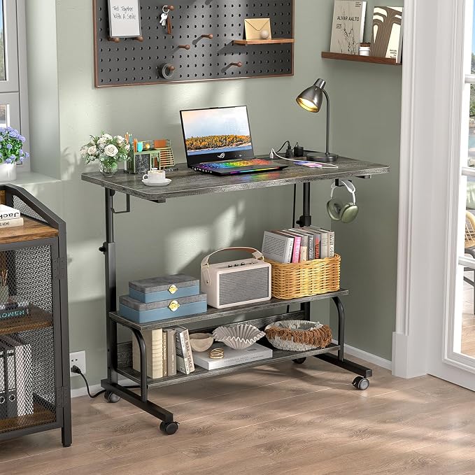 32" Height Adjustable Standing Desk with Power Outlets - Manual Rolling Stand Up Desk with Wheels Small Portable Computer Desk Mobile Laptop Table with Storage Shelves for Home Office, Grey Oak - Image 2