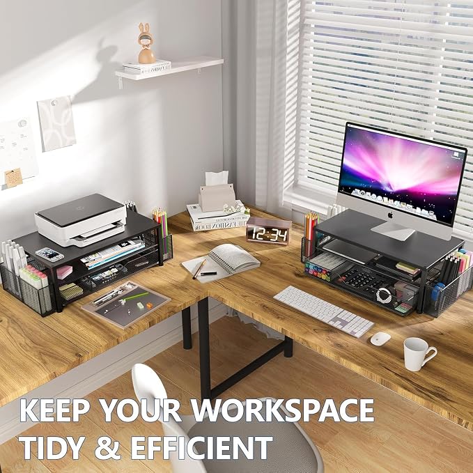 Desk Organizer and Accessories, 2-Tier Computer Monitor Stand Riser with Drawer and 2 Pen Holders, Laptop Stand, Office Desk Accessories for Office Supplies, 2 Pack, Black - Image 5