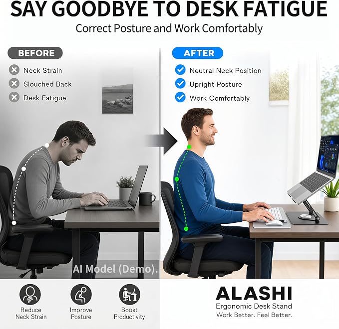 ALASHI Laptop Stand for Desk with 360 Rotating Base, Multi-Angle Adjustable Laptop Stands, Foldable Laptop Riser Compatible with 10 to 17 Inches PC Computer, Black - Image 7