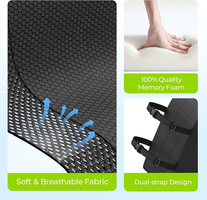AUVON Office Lumbar Support Pillow with Patented Bulge for Back Support | Ergonomic Office Home Essentials Improve Posture, Memory Foam Chair Cushion for Home, Office, Car, Mesh Cover, Double Straps - Image 6