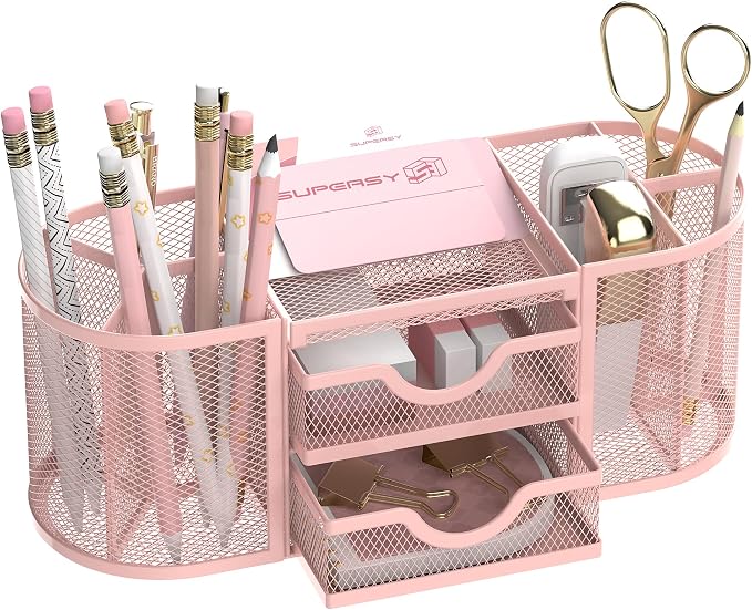 Mesh Desk Organizer, Pen Holder for Desk with 2 Drawers, Pink | Desk Organizers and Accessories with 8 Compartments and 2 Drawers, Pencil Holder for Desk for Small Office Supplies by SUPEASY