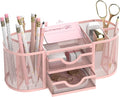 Mesh Desk Organizer, Pen Holder for Desk with 2 Drawers, Pink | Desk Organizers and Accessories with 8 Compartments and 2 Drawers, Pencil Holder for Desk for Small Office Supplies by SUPEASY