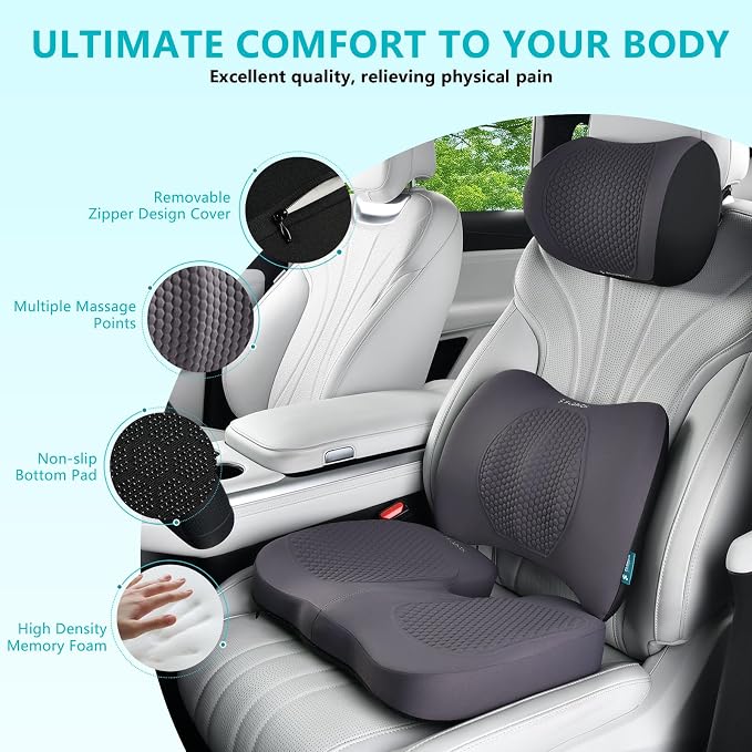 3 PCS Seat Cushion for Carseat Lumbar Support Pillow Car Neck Headrest Pillows Memory Foam Gel Memory Foam Massage Point Seat Pads Pressure Relief Back Cushion for Office Chair(Grey) - Image 3
