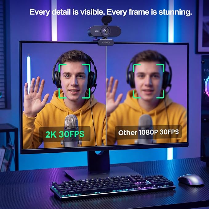 2K Webcam for PC Laptop,PDAF Auto Focus,Dual Noise-Canceling Mics | 1080P@60FPS Streaming Camera with 1/2.8''CMOS Sensor,Privacy Cover,Plug & Play for Gaming/Zoom/Skype/Teams/Live Streaming - Image 2