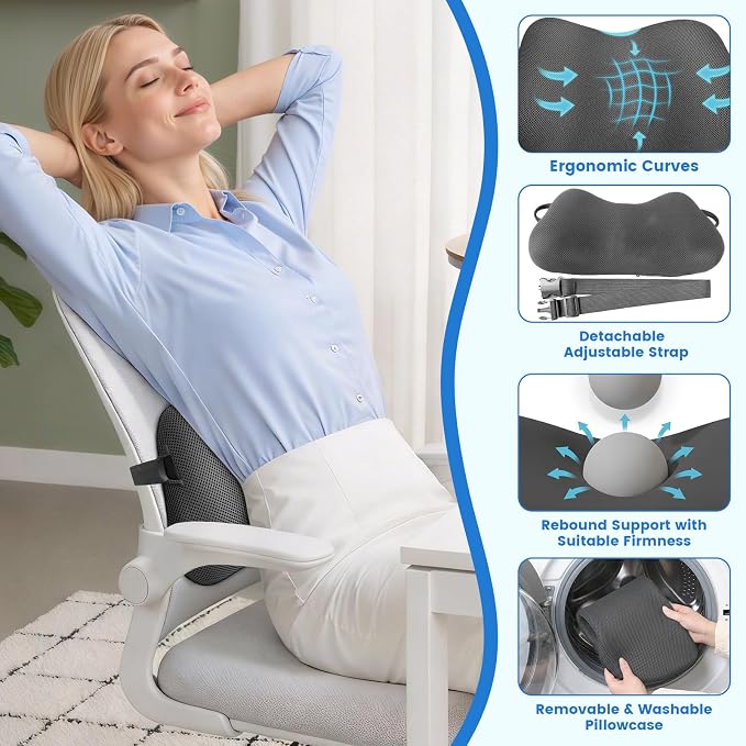 Lumbar Support Pillow, Memory Foam Back Cushion for Office Chair Car, Grey | Ergonomic Lower Back Support with Adjustable Strap, Breathable Removable Cover for Couch, Wheelchair and Daily Comfort - Image 3