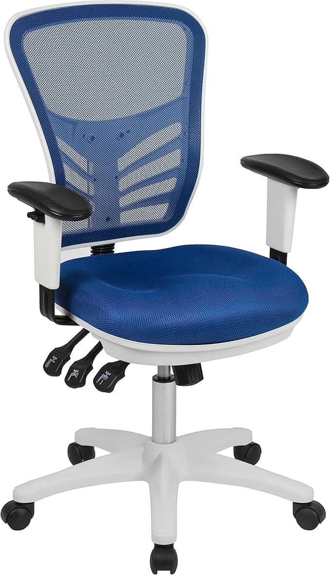 Flash Furniture Nicholas Mid-Back Blue Mesh Multifunction Executive Swivel Ergonomic Office Chair with Adjustable Arms and White Frame by FlashFurniture