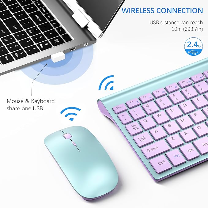Wireless Keyboard and Mouse Ultra Slim Combo, TopMate - Blue Purple | 2.4G Silent Compact 2400DPI Mouse and Scissor Switch Keyboard Set with Cover, Batteries Included, for PC/Laptop/Windows/Mac - Image 3
