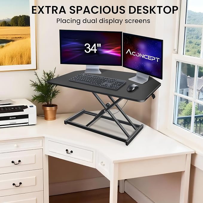 Aconcept 34 inch Black Corner Height Adjustable Standing Desk Converter, One-Click Sit to Stand up Desk Riser, Pre-Assembled Dual Monitor and Laptop Workstation - Image 5