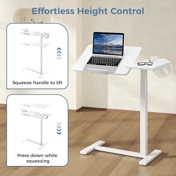 DUMOS Standing Desk with Wheels, Rolling Desk, Laptop Table | Adjustable Height, Portable Computer Workstation, Tilting Desktop, Home Office Classroom Bedside, White - Image 7