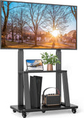 Rfiver Mobile TV Cart Rolling TV Stand for 40-86 inch TVs Up to 200lbs, Heavy-Duty Portable TV Stand on Wheels with 2-Tier Wooden Storage Shelves, Height Adjustable, Max VESA 800x400mm, Black by Rfiver