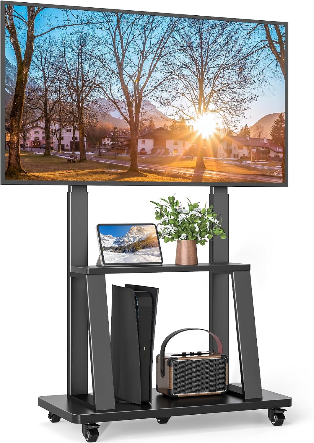 Rfiver Mobile TV Cart Rolling TV Stand for 40-86 inch TVs Up to 200lbs, Heavy-Duty Portable TV Stand on Wheels with 2-Tier Wooden Storage Shelves, Height Adjustable, Max VESA 800x400mm, Black by Rfiver