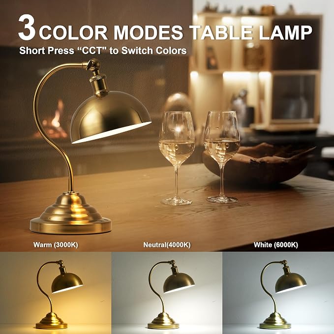 KARTOOSH Cordless LED Table Lamp, Battery Operated Desk Lamps with Swing Arm & Plastic Shade, Vintage Small Rechargeable Dimmable Light for Bedroom, Living Room, Nightstand, Brass - Image 3