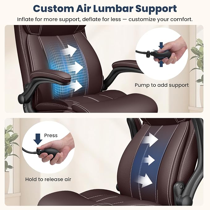 Ergonomic Office Chair, High Back Executive Leather Desk Chair | Inflatable Lumbar Support for Back Pain Relief, Heavy-Duty Computer Desk Chair for Long Workdays, Flip-Up Armrests, Coffee - Image 3