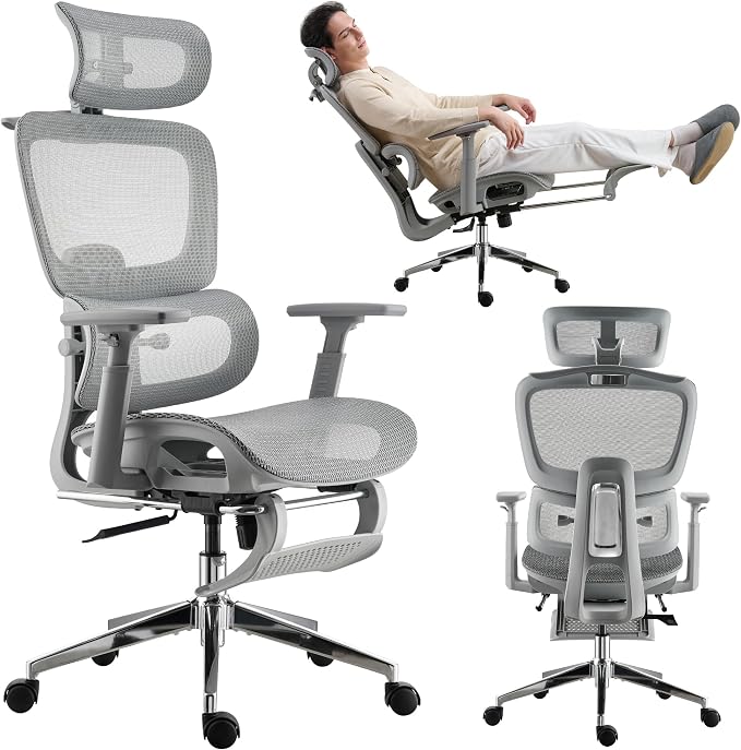 Mesh Ergonomic Office Chair with Footrest, Grey | High Back, Lumbar Support, Adjustable Headrest and Armrests, Gaming Chair,Home Office Desk Chair by hujusko