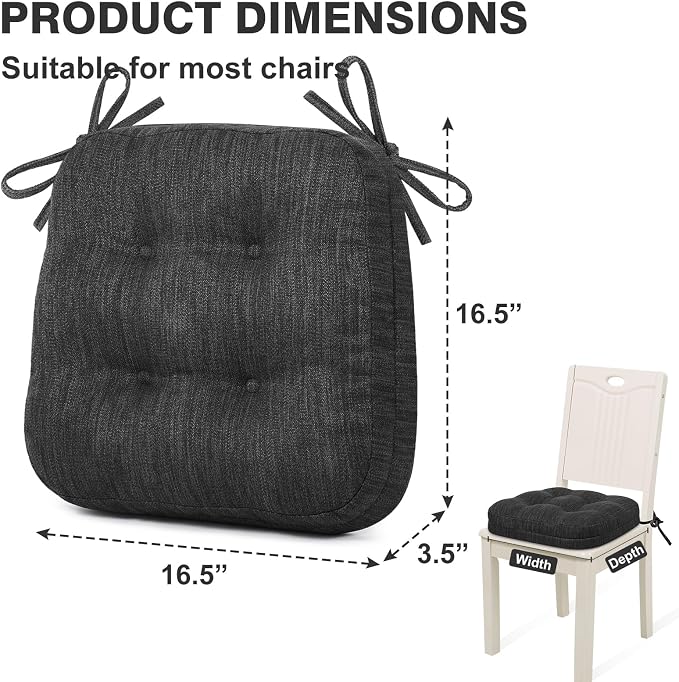 Shinnwa Dining Chair Cushions Set of 2, Dual-Layer Memory Foam Kitchen Chair Cushions, Patented Design Seat Pads with Ties, 16.5 x 16.5 x 3.5in, 2 Pack, Charcoal - Image 6