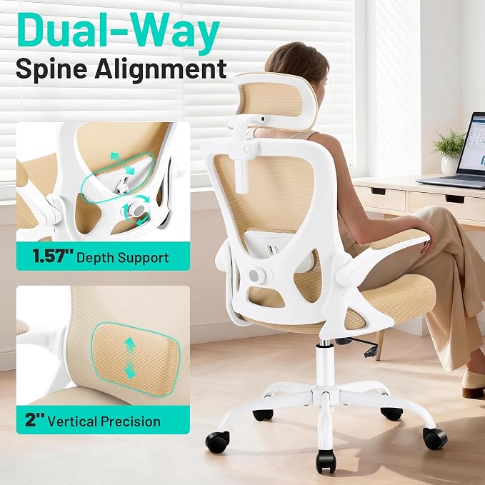 Office Chair - Ergonomic Desk Chair Breathable Mesh Chair with 2D Headrest & Adjustable Lumbar Support - Executive High Back Rolling Swivel Computer Gaming Chair with Wheels Flip-up Armrests - Image 3