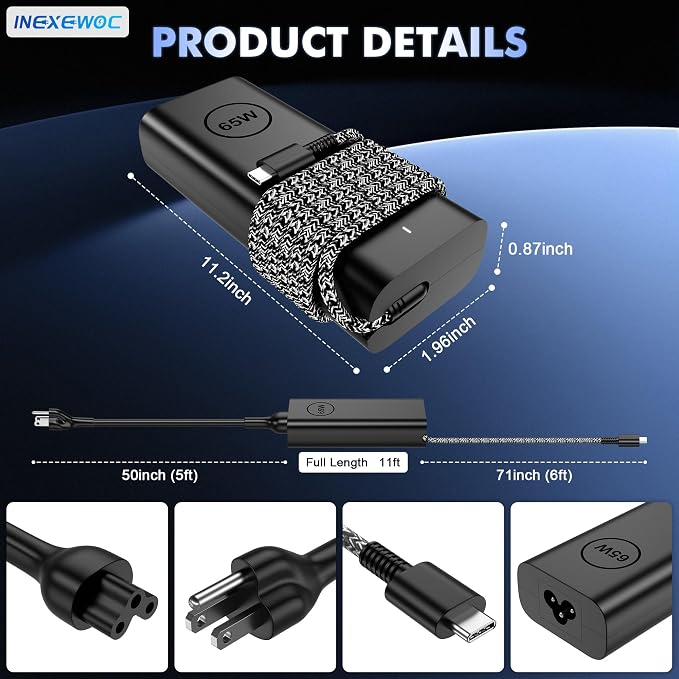 65W Laptop Charger USB C - Compatible with Dell Latitude 5420 5520 7420 7430 5430 5530 5540 5440 5450 5550 and Inspiron 14 16 XPS 13, Computer Type C AC Adapter Power Supply Cord - Image 2