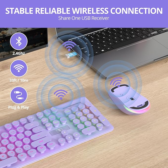 Backlit Wireless Keyboard and Mouse, 2.4GHz Light Up Typewriter Rechargeable Cordless Quiet Keyboard with USB Receiver for PC/Laptop (Purple) - Image 2