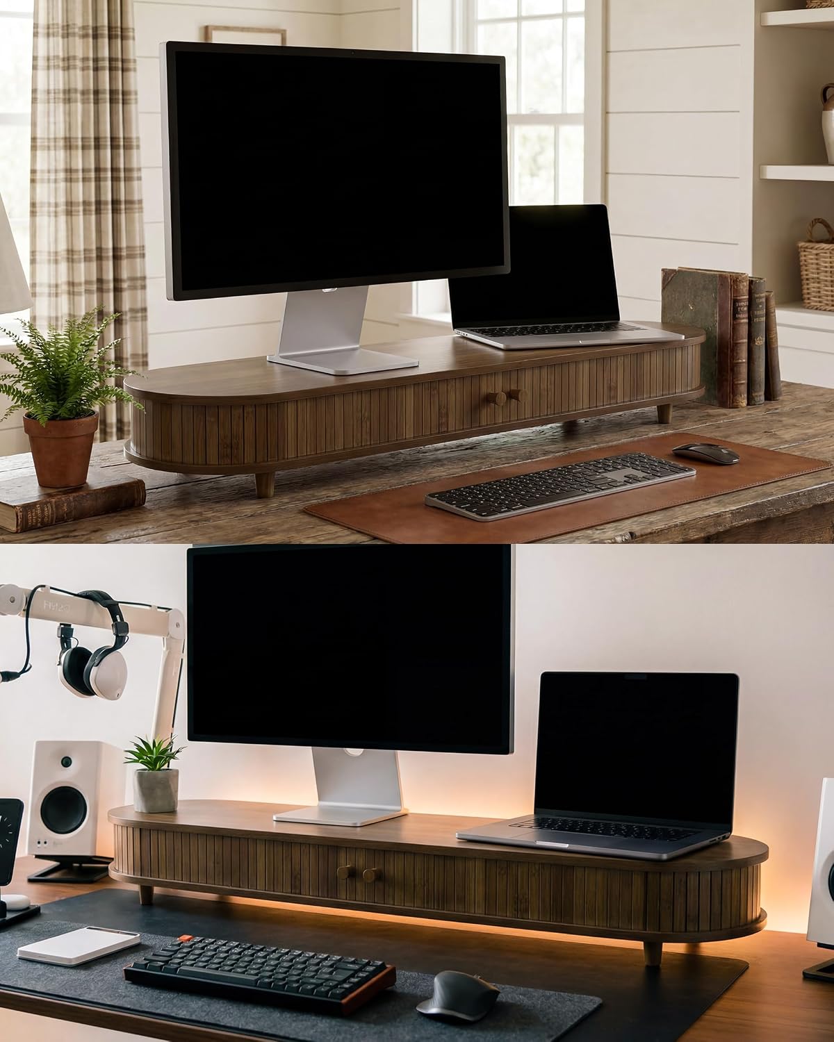 Bamboo Dual Computer Monitor Stand Riser,Curved Wood Desk Shelf - Image 7