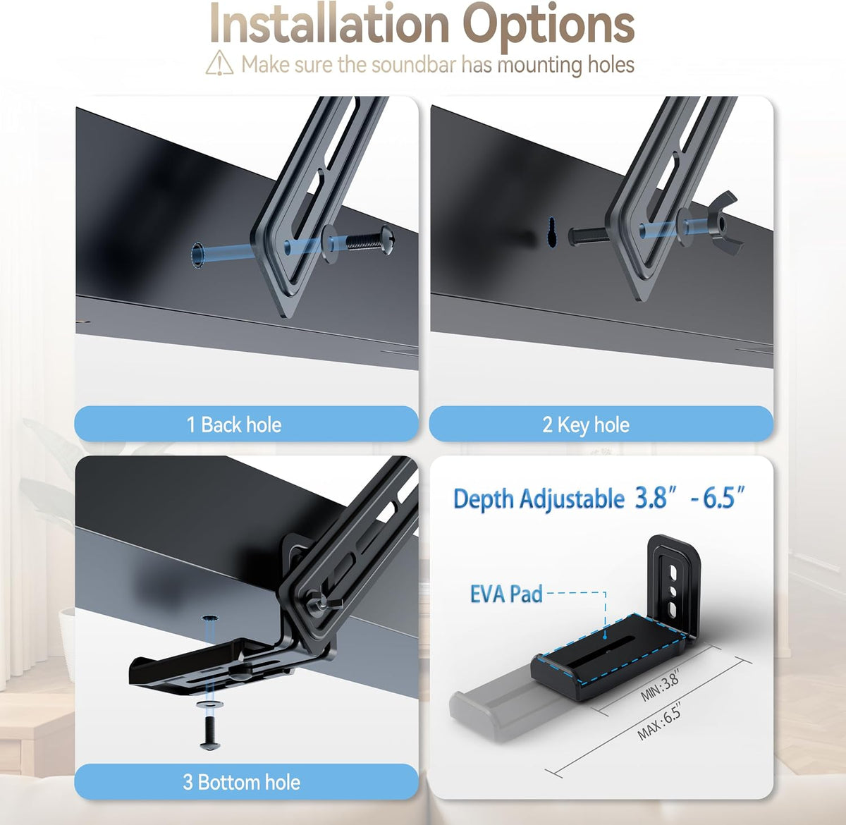 Sound Bar Mounts Under TV,Depth Adjustable 3.8”-6.5”,Up to 22lbs - Image 4
