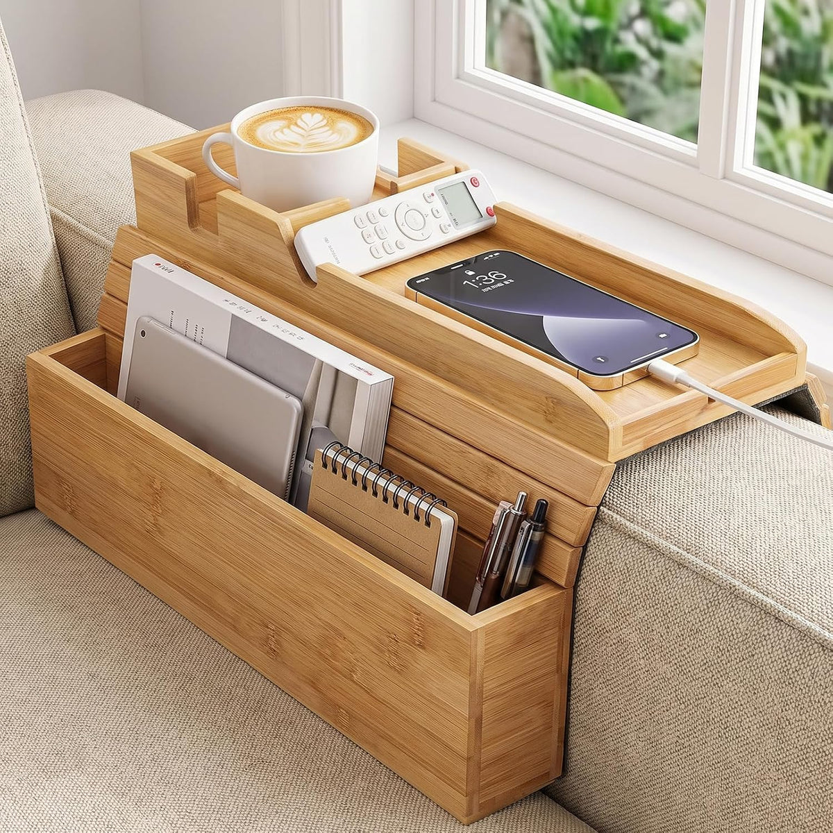 Bamboo Couch Armrest Tray with Storage Caddy for Drinks TV Remote Snacks by RUSTICIRON