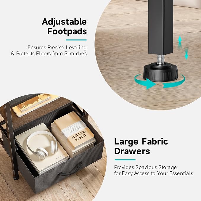 Lazzanto Nightstand with Rear Charging Station, LED Light, 4 Drawers, Black | Industrial Nightstand, 2 USB-A Ports & AC Outlets, Raised Back Guard, Fabric Storage Drawers, Bedside Table for Bedroom, Dorm - Image 6