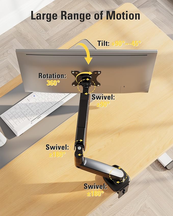 Single Monitor Mount, Gas Spring Monitor Arm for 17-32 Inch Computer Screens, Adjustable Monitors Stand for Desk, 75x75/100x100mm VESA Mount, with Clamp and Grommet Base, Holds 4.4-17.6lbs - Image 4