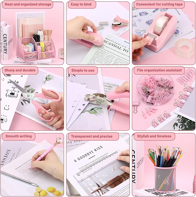 13-in-1 Office Desk Organizer Set for Back to School Supplies Accessories | Organizer Set with Stapler and Tape Dispenser, Pen Holder, Scissors, Ruler, Hole Punch, 2 Pens & More Desk Supplies - Image 5