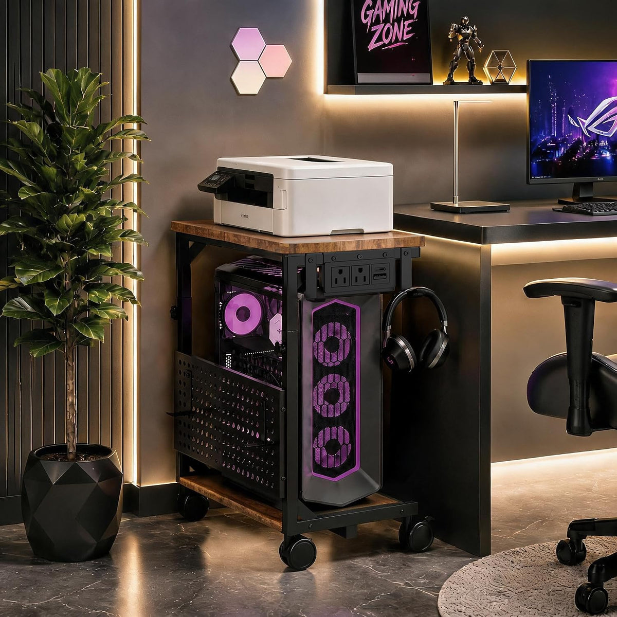 Adjustable Computer Tower Stand with Charging Station & Pegboard,Brown - Image 5