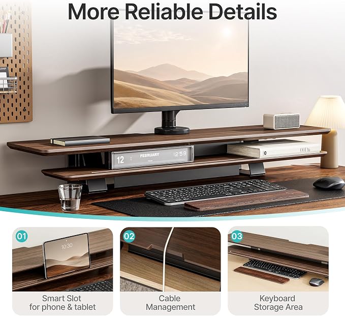 Dual Clamp-On Wooden Monitor Stand, 41.7" 2-Tier Desk Riser Organizer | Monitor Stands Riser for 2 Monitors，Magnetic Back Panel,Fit Computer & Laptops,for Home Office - Image 5