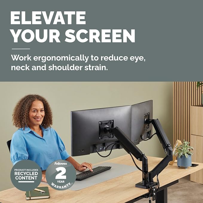Fellowes Everyday Plus Dual Gas Spring Monitor Arm Holds Two Screens up to 32" Weighing 4.4-19.84 lbs ea, Height Adjusting, Tilt, Swivel, Rotate, VESA 75/100, Clamp or Grommet Mount, Cable Management - Image 2