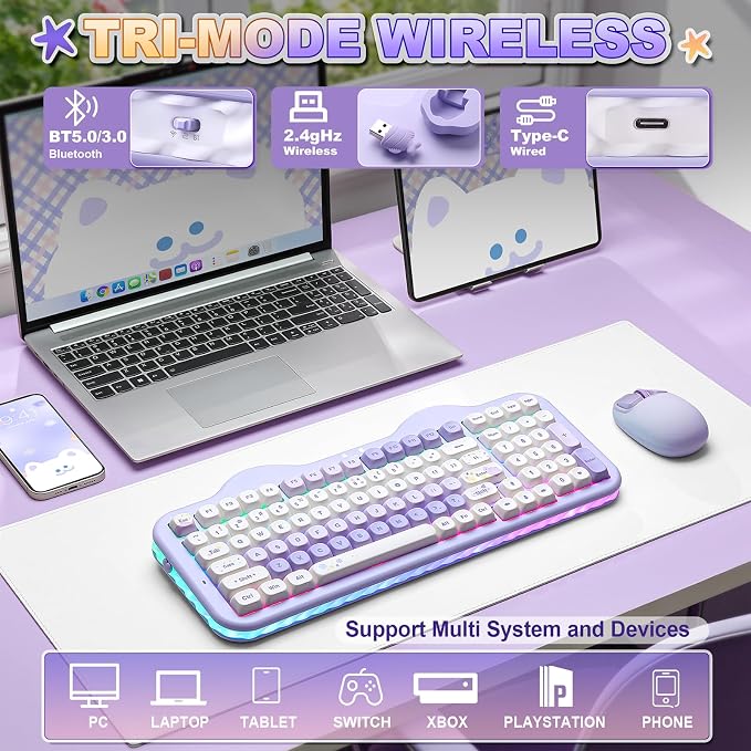 YUNZII C98 Cute Cake Wireless Mechanical Keyboard(Purple, Milk Switch) | 99 Keys with Number Pad, Hot Swap, PBT MOA Keycaps, BT5.0/2.4G/USB-C, Gasket Mount, Custom RGB Backlit for Win/Mac - Image 3