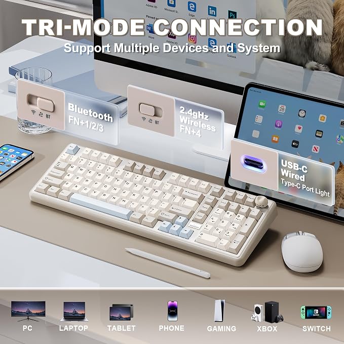 YUNZII B98 PRO 96% Wireless Mechanical Keyboard (Beige, Milk Switch) | QMK/VIA, with Numpad, Dual-Style Knob Design, Creamy Pre-Lubed Switches, Hot Swap, Gasket Mount, RGB for Gaming/Win/Mac - Image 3