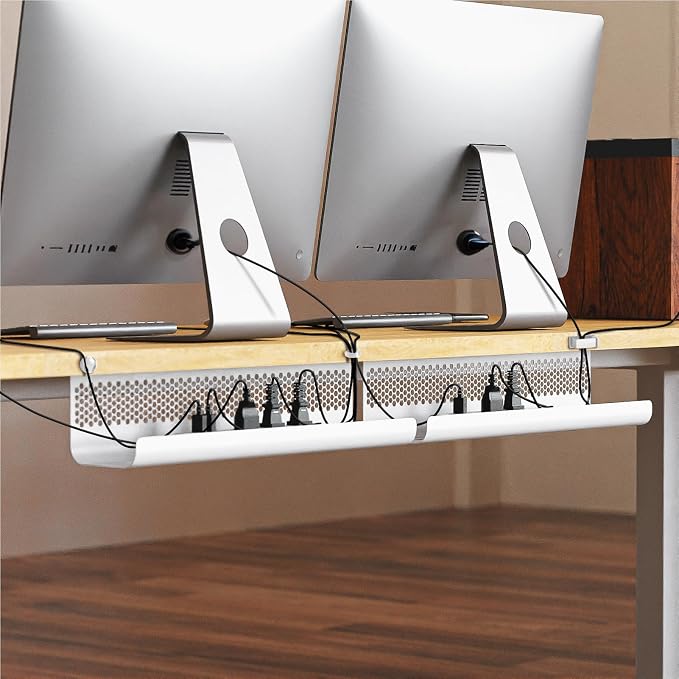 KHAMAL Cable Management Under Desk 52PCS - Cable Management Tray Kit Ventilated Hexagonal Design with Cable Clips, Wire Ties, Cord Holder & Screws for Office, Home - 4 White Sets - Image 7