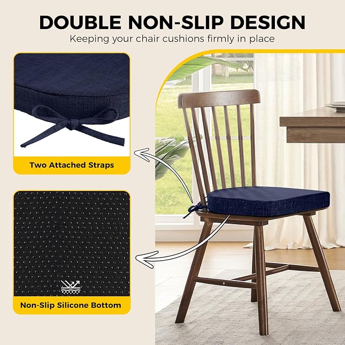 downluxe Indoor Chair Cushions for Dining Chairs, Soft and Comfortable Textured Foam Kitchen Chair Pads with Ties and Non-Slip Backing, 16" x 16" x 2", Navy, 6 Pack - Image 4