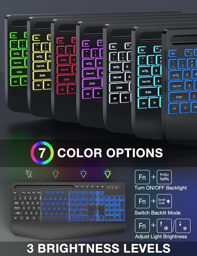 Wireless Keyboard and Mouse Combo - 9 Backlit Effects, 2.4GHz | Ergo Wrist Rest, Phone Holder, Full Size, Rechargeable, Sleep Mode, KM22 MAX Quiet Set for Computer, PC, Laptop, Mac, Windows - Image 8