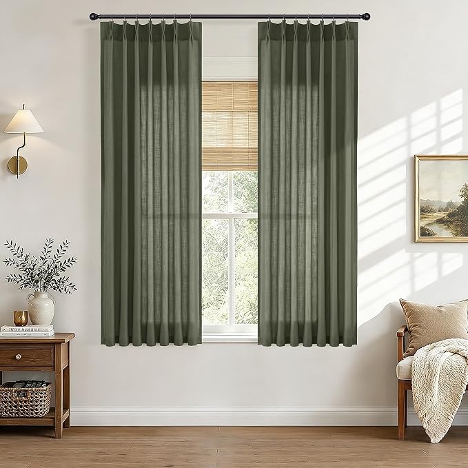 Hokibero Olive Green Pleated Linen Curtains 63 Inch Long for Living Room | Light Filtering Sheer Curtain,Pinch Pleat Back Tab Hooks Rings,Farmhouse Textured Privacy Drapes for Bedroom Window,2 Panels by Hokibero