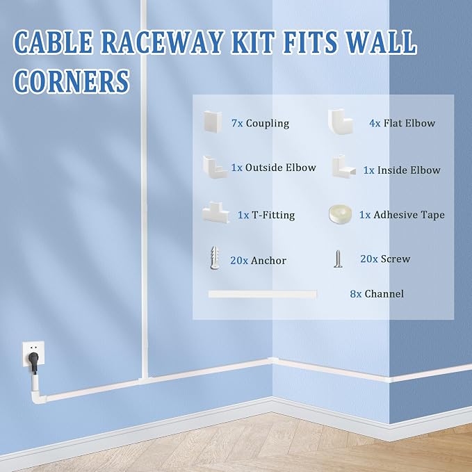 125" Paintable Cable Raceway, Cord Cover for Wall Cables, White | 125-inch paintable cable raceway conceals multiple wall cords with adhesive and hardware for easy installation. - Image 7