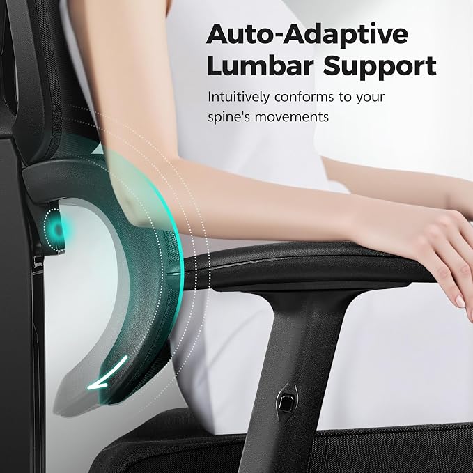 Ergonomic High Back Mesh Office Chair, Lumbar Support (Black) | Smooth 90° to 135° recline for work, read, or rest. Swivel big and tall gaming Chair. Adjustable armrest headrest height. - Image 5