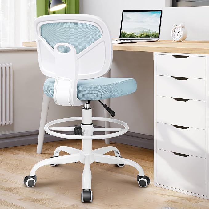 Tall Drafting Desk Chair - Armless, Adjustable Height, Mesh Back, Rolling, Standing Desk Chair for Art Room, Office or Home (Light Blue) - Image 2