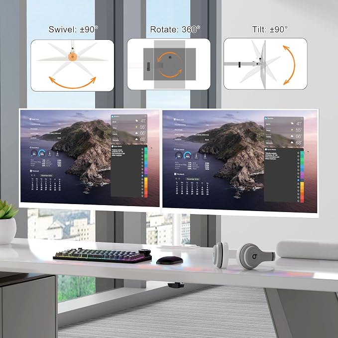 Pholiten Dual Monitor Stand, Heavy Duty Adjustable Monitor Arm Desk Mount for 2 Screens up to 38Inches, Tilt, Swivel, Rotate, Supports Tilt, Swivel, Rotate, Supports 22 lbs per Arm,White - Image 3