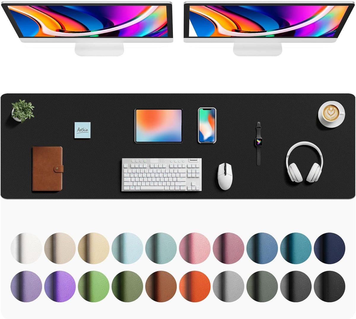 Aothia Faux Leather Desk Mat - Large Mouse Pad, Non-Slip PU Leather Blotter, Waterproof Writing Surface for Office and Home (Black, 63" x 17") by Aothia