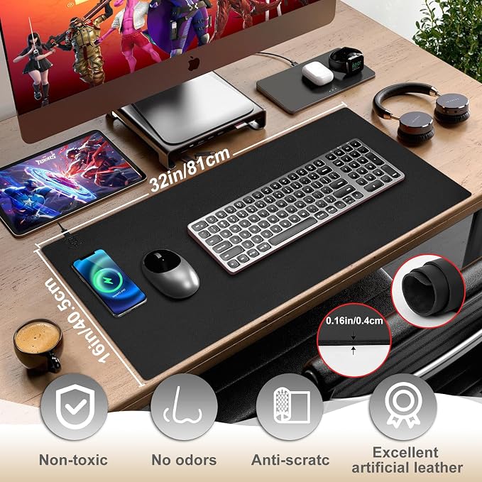 Desk Mat with Wireless Charging, Black Mouse Pad with Wireless Charger, Desk Pad Matt for Desktop, Mousepad Gaming Large Mouse Pad, Leather Compute for Keyboard and Mouse, 32" x 16" - Image 7