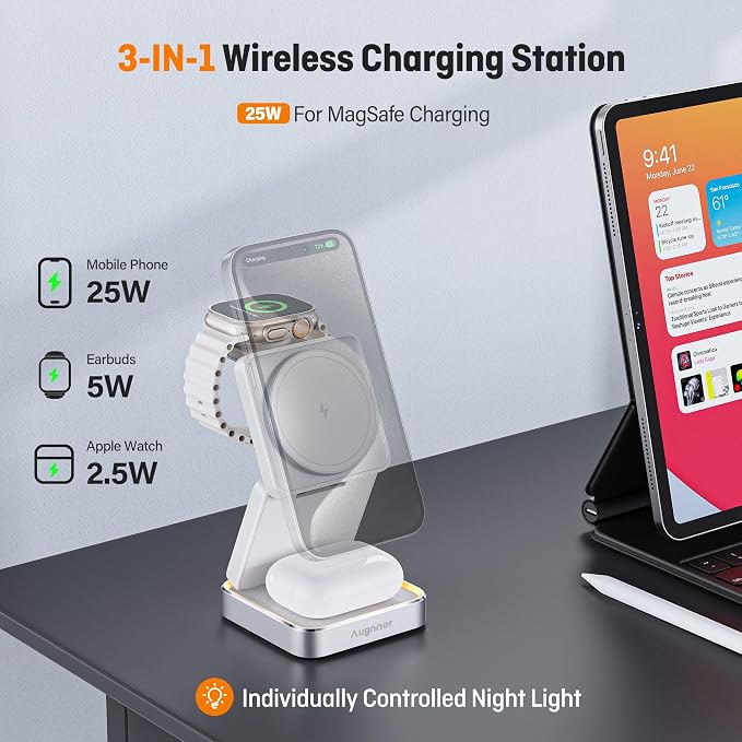 Augnner 25W 3-in-1 Charging Station for Apple Device, White Foldable Magnetic Wireless Charger, Fast Travel Charging Stand for iPhone17/16/15/14/13/12 Series, Apple Watch/AirPods - Image 3
