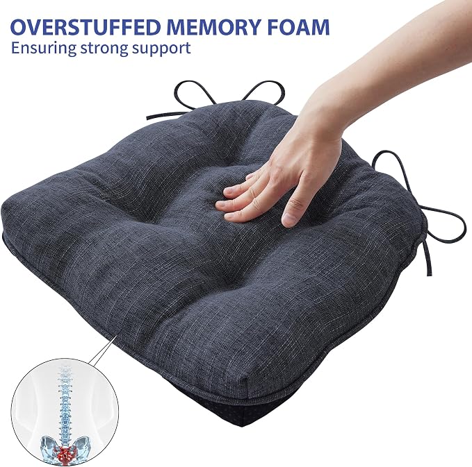 IPYNBAP Chair Cushions for Dining Chairs Set of 4, Kitchen Chair Cushions, Chair Pads with Ties and Non Slip Backing, Tufted Memory Foam Seat Cushion 4 Pack, 18" x 18" x 4", Navy Blue - Image 5