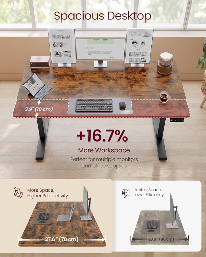 VASAGLE Electric Standing Desk, 55.1 x 27.6 Inches Height Adjustable Desk, Sedentary Reminder, 4 Memory Heights, for Home Office, Rustic Brown ULSD315KD020S - Image 4