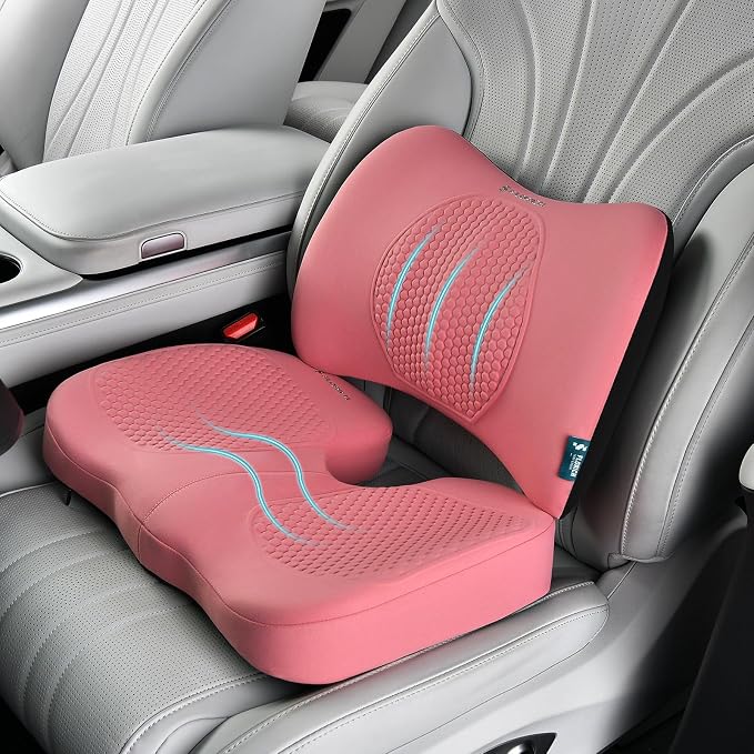 Car Seat Cushion and Back Support for Office Chair Memory Foam Chair Cushions Pressure Relief Seat Pads with Gel Massage Point Lumbar Support Relief Sciatica & Tailbone (Pink) by FLORICH