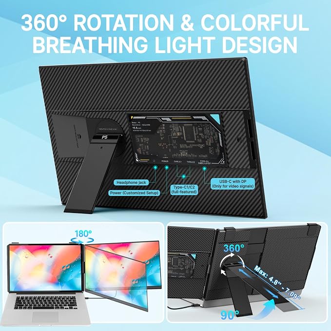 Laptop Screen Extender 15.6", Detachable 1080P FHD Portable Monitor for Laptop , Travel Dual Monitor with 360° Rotating Stand for 13-17" Laptop, Plug & Play Compatible with Mac/Windows/Android/Chrome - Image 4