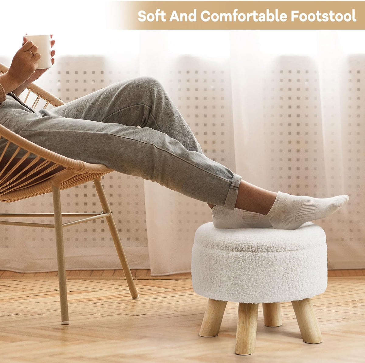 Ottoman Foot Stool, Small Ottoman with Storage,Round Storage Ottoman with Wood Legs, Soft Sponge Storage Footstool for Living Room, Bedroom, Couch, Enterway (Cream) - Image 5